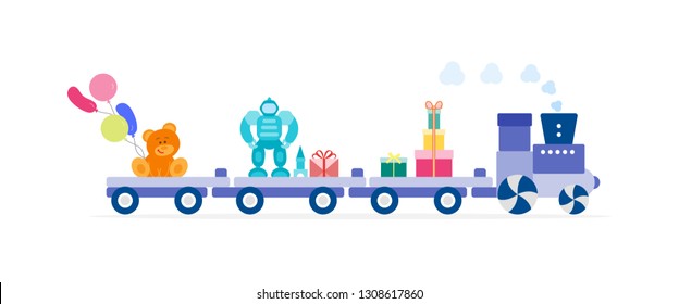 Funny vector illustration with train carries toys: robot, designer, bear, gifts, balloons. Happy New Year 2019, Christmas, Birthday. Sale, shopping concept.