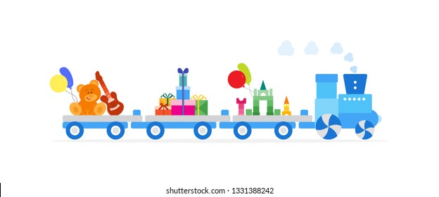 Funny vector illustration with train carries toys: baby toy musical guitar, designer, bear, gifts, balloons. Happy New Year 2019, Christmas, Birthday. Sale, shopping concept.