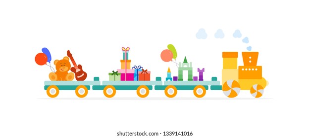 Funny vector illustration with train carries toys: baby toy musical guitar, designer, bear, gifts, balloons. Happy New Year 2019, Christmas, Birthday. Sale, shopping concept.