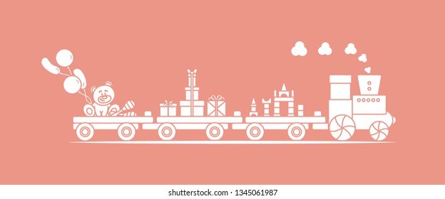 Funny vector illustration with train carries toys: baby toy musical maracas, designer, bear, gifts, balloons. Happy New Year 2019, Christmas, Birthday. Sale, shopping concept.
