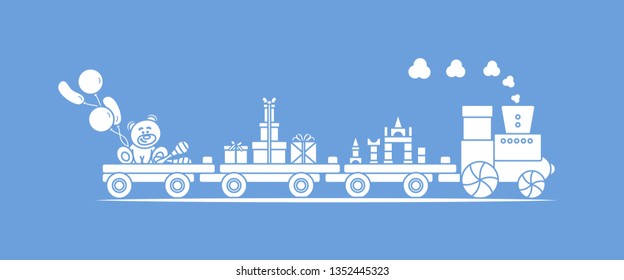 Funny vector illustration with train carries toys: baby toy musical maracas, designer, bear, gifts, balloons. Happy New Year 2019, Christmas, Birthday. Sale, shopping concept.