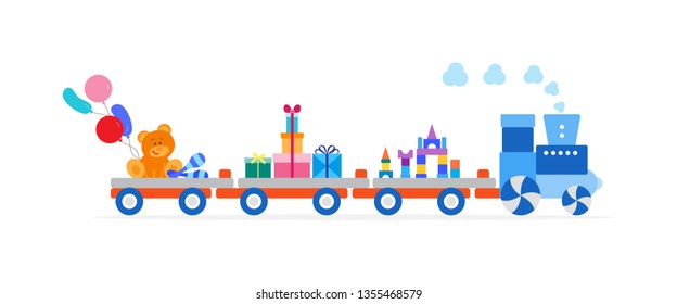 Funny vector illustration with train carries toys: baby toy musical maracas, designer, bear, gifts, balloons. Happy New Year 2019, Christmas, Birthday. Sale, shopping concept.