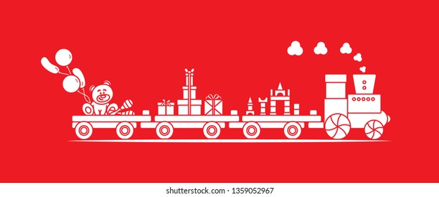 Funny vector illustration with train carries toys: baby toy musical maracas, designer, bear, gifts, balloons. Happy New Year 2019, Christmas, Birthday. Sale, shopping concept.