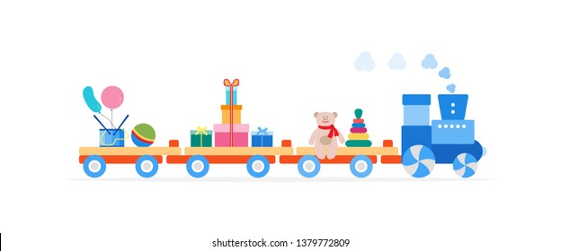 Funny vector illustration with train carries toys: pyramid, bear, gifts, ball, drum, balloons. Happy New Year 2019, Christmas, Birthday. Sale, shopping concept.