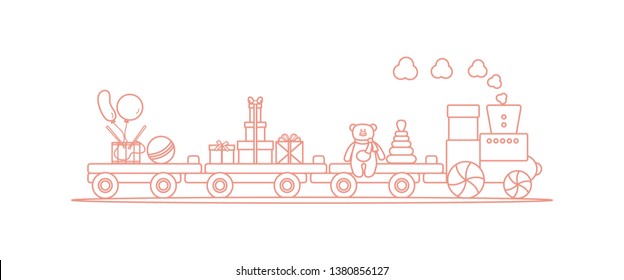 Funny vector illustration with train carries toys: pyramid, bear, gifts, ball, drum, balloons. Happy New Year 2019, Christmas, Birthday. Sale, shopping concept.