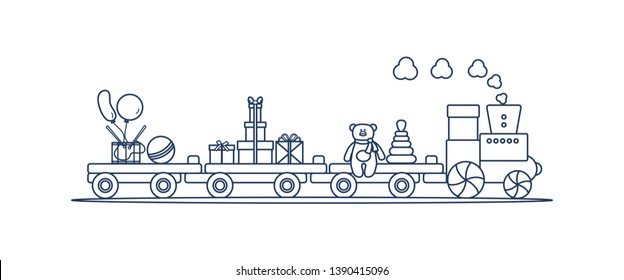 Funny vector illustration with train carries toys: pyramid, bear, gifts, ball, drum, balloons. Happy New Year 2019, Christmas, Birthday. Sale, shopping concept.