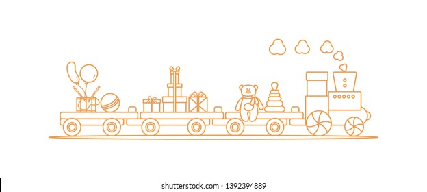 Funny vector illustration with train carries toys: pyramid, bear, gifts, ball, drum, balloons. Happy New Year 2019, Christmas, Birthday. Sale, shopping concept.