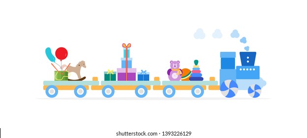 Funny vector illustration with train carries toys: pyramid, roly-poly toy, rocking horse, gifts, ball, drum, balloons. Happy New Year 2019, Christmas, Birthday. Sale, shopping concept.