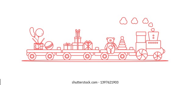 Funny vector illustration with train carries toys: pyramid, bear, gifts, ball, drum, balloons. Happy New Year 2019, Christmas, Birthday. Sale, shopping concept.