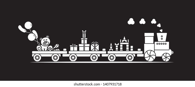 Funny vector illustration with train carries toys: baby toy musical maracas, designer, bear, gifts, balloons. 