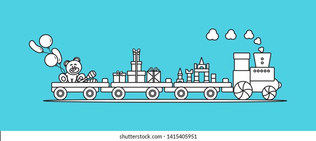 Funny vector illustration with train carries toys: baby toy musical maracas, designer, bear, gifts, balloons. Happy New Year 2019, Christmas, Birthday. Sale, shopping concept.