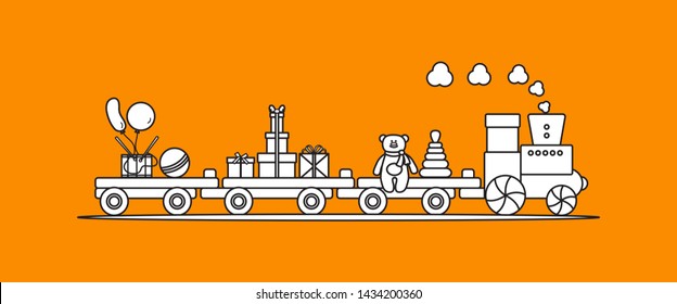Funny vector illustration with train carries toys: pyramid, bear, gifts, ball, drum, balloons. Happy New Year 2019, Christmas, Birthday. Sale, shopping concept.