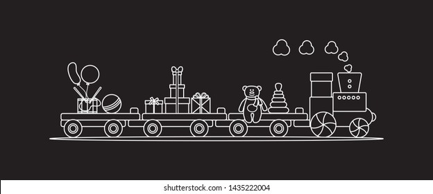 Funny vector illustration with train carries toys: pyramid, bear, gifts, ball, drum, balloons. Happy New Year 2019, Christmas, Birthday. Sale, shopping concept.