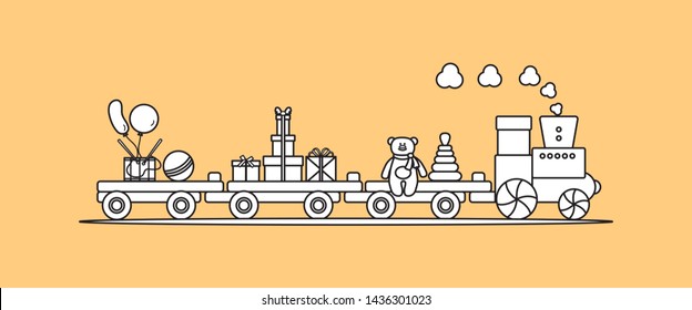 Funny vector illustration with train carries toys: pyramid, bear, gifts, ball, drum, balloons. Happy New Year 2019, Christmas, Birthday. Sale, shopping concept.