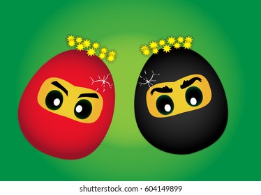 Funny vector illustration as two cartoon egg designed like a ninja face, bump and crack. Easter Holiday Symbol.