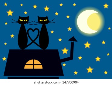 funny vector  illustration with two cats in silhouettes sitting on the top of the roof watching stars and moon