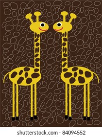 funny vector illustration of two giraffes in love isolated on brown background with blots,creative computer graphic design with natural theme,animal