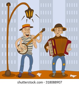 Funny vector illustration of two street musicians playing their instruments.