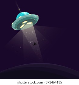 Funny vector illustration of UFO abduction. Spaceship abducting a man. 