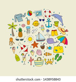 Funny vector illustration with vacations elements. Can be used for decoration of albums, blog, web sites, postcard, poster. Sea elements - anchor, palm, fish, hat, ship, shell. Happy traveling!