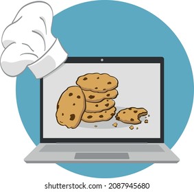 funny vector illustration of website cookies policy. a laptop displays cookies and a pastry chef's hat is placed on the screen. svg