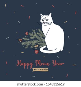 Funny vector illustration with white cat and Christmas tree. Humorous Christmas scene. Good for Christmas greeting card, party invites, posters. 