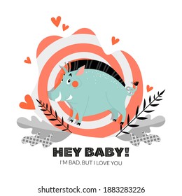 Funny vector illustration of a wild boar on the background of decorative elements. Valentine's day card