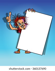 Funny vector illustration of winking man holding blank poster and showing his index finger. May be used as an advertisement. Made in comic cartoon style.