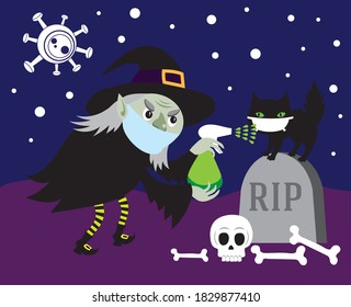 Funny vector illustration of a witch disinfecting her cat whilst wearing a face mask