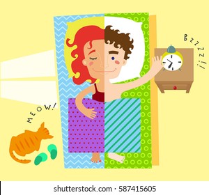 Funny vector illustration of a young couple waking up in the morning
