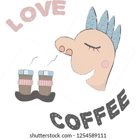 Funny vector illustration. Young man with a punk-style haircut smelling and enjoying his coffee. Love coffee. This modern sketch can be used as logo, or greeting card or just for laughing with your fr