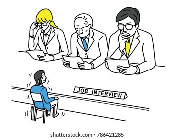 Funny vector illustration of young man, an applicant, feel nervous and himself very small size during job interview, business concept of stressed, worried; nervous in looking job.
