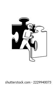 Funny vector illustration,in gray scale, of a white isolated background, in which there is an opening in the shape of a puzzle piece, through which a character is coming out.