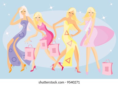 funny vector image of dancing girls after shopping