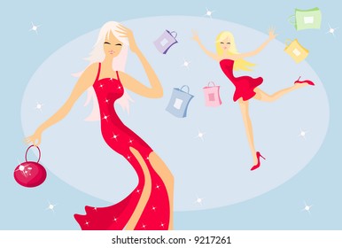 funny vector image of girls after shopping