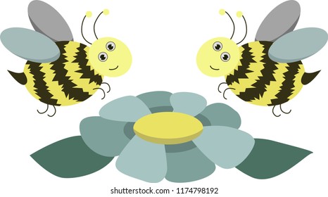 funny vector image of two smiling bees over a flower. isolated on a white background.