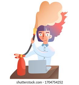 Funny vector isolated illustration of a girl sitting at a workplace with a laptop and extinguishing her head with a fire extinguisher. Emotional burnout. Problems at work. Overloaded worker. Deadline.
