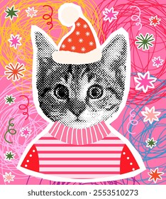 Funny vector kitten face halftone collage, Cute Christmas cat with an ugly sweater and a hat, colorful design for invitations and greeting cards