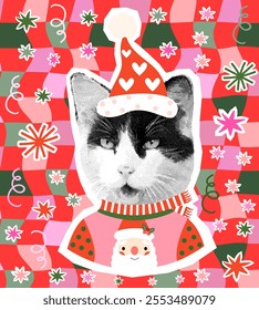 Funny vector kitty face with a hat and an ugly sweater, Fun Christmas and winter design for posters and greeting cards