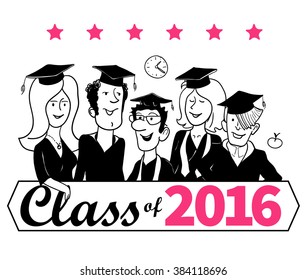 Funny Vector Label: "Class of 2016" in Doodle Style. Group of Happy Students. Vector Illustration for Sticker Design