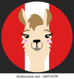 Funny vector lama with Peru flag on the background