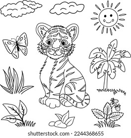 Funny vector little tiger for coloring book, as well as sun, clouds, butterfly, palm tree, berries and grass