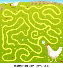 Funny Vector Maze Game: Alone "Free Range" Cartoon Chicken find his Family in the Fields. Farm Style Illustration