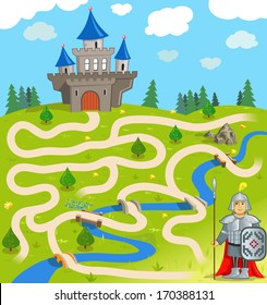 Funny Vector Maze Game: the Brave Warrior Find the Way to the Castle. (Vector Illustration EPS8) Help to Funny Knight!