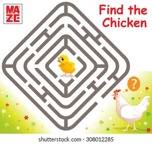 Funny Vector Maze Game: Cartoon Chicken Finds Baby Chicken. Vector Illustration