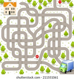 Funny Vector Maze Game: Delivery Truck Find the Way to the Building. Tangled Road and Delivery Service