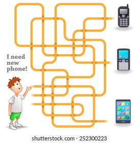 Funny Vector Maze Game: Help the Boy to Choose a New Mobile Phone. EPS 10 Vector