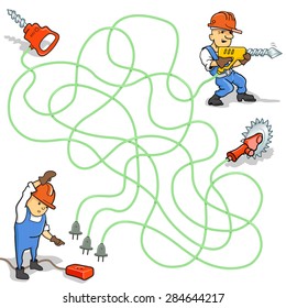 Funny Vector Maze Game: Help the Worker to Choose and Plug the Correct Electrical Cable. Humorous Building Situation with Drilling Machine