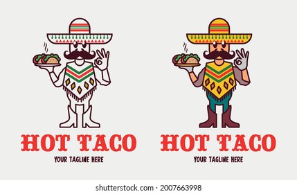 A funny vector Mexican man in a sobmrero and a mustache serves delicious hot tacos. 