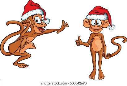 Funny vector monkeys with different emotions in santa hats